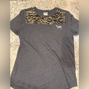 PINK Victoria's Secret Charcoal Tee with Gold Sequin Accent